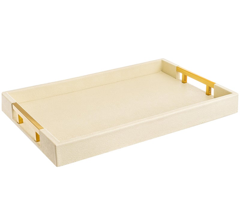 Home Redefined Modern Elegant 17.5â€x12â€ Rectangle Cream Rectangle Shagreen Faux Leather Decorative Tray Ottoman Tray Coffee Table Perfume Living Room Kitchen Serving Tray with Gold Polished Metal Handles. - Image 1